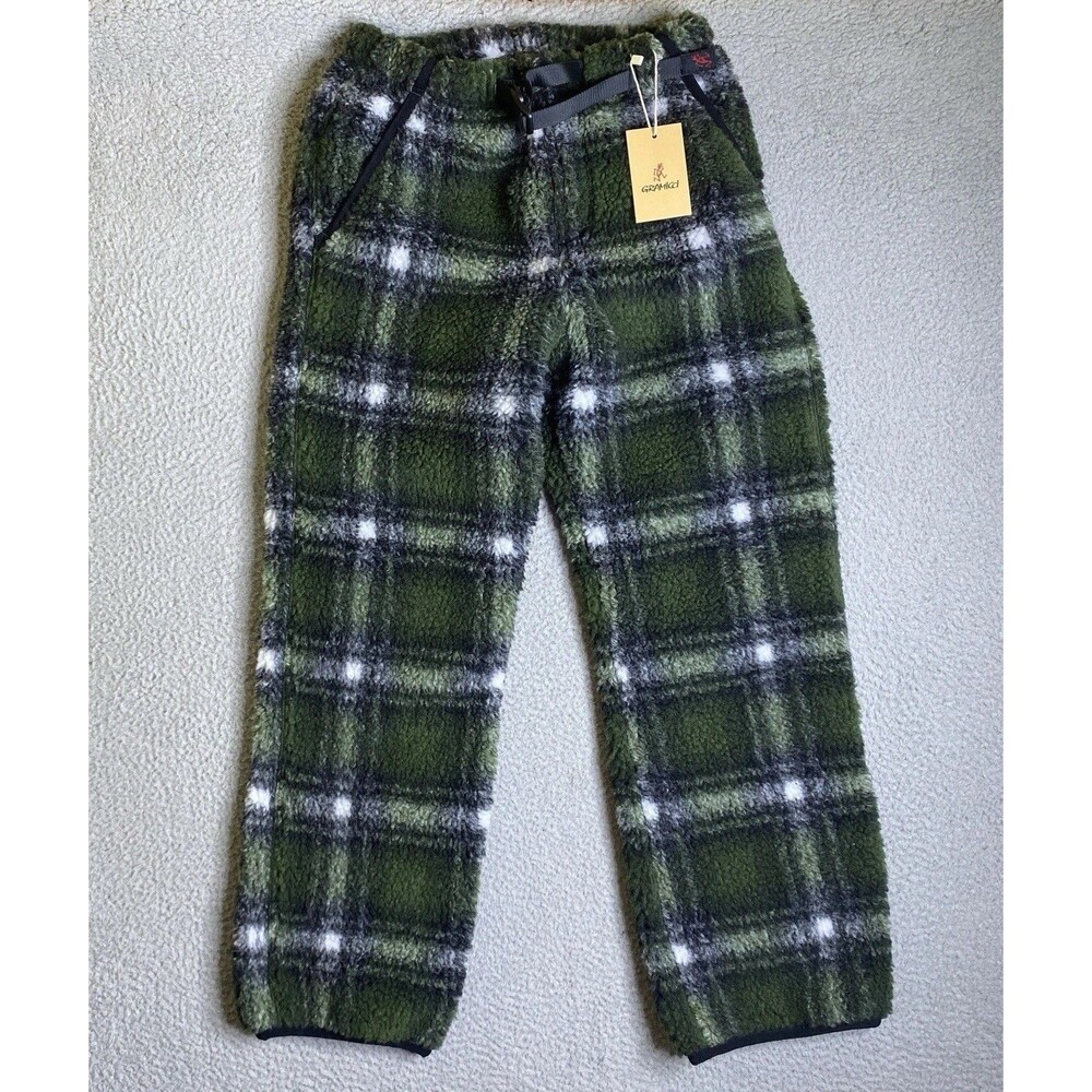 Gramicci Sherpa Pants Mens Small 28x30 Green Shadow Plaid Belted Fleece NWT